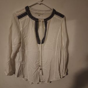 Daniel Rainn White Embroidered Split Neck Tassel Tie Long Sleeve Blouse Womens M